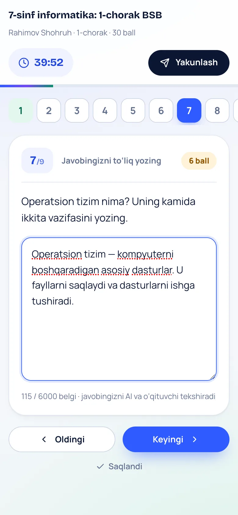 O‘quvchi ekrani: yozma javob